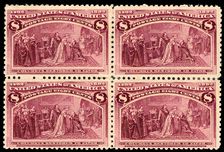 8c Columbus Restored to Favor block of four, 1893. Creator: Unknown