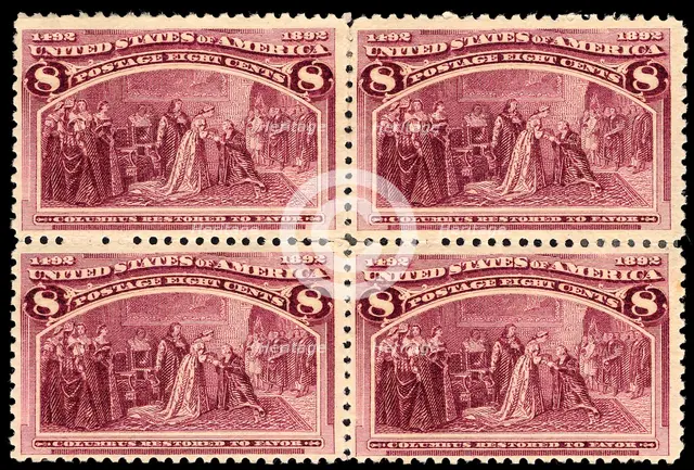 8c Columbus Restored to Favor block of four, 1893. Creator: Unknown.