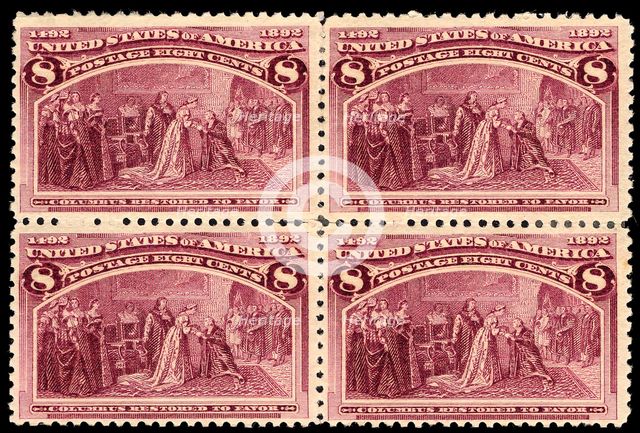 8c Columbus Restored to Favor block of four, 1893. Creator: Unknown.
