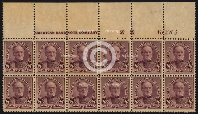 8c William T. Sherman imprint plate block of twelve, March 21, 1893. Creator: American Bank Note Company.