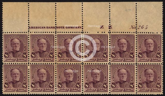 8c William T. Sherman imprint plate block of twelve, March 21, 1893. Creator: American Bank Note Company.