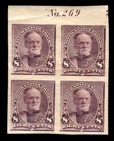 8c William T. Sherman proof plate block of four, March 21, 1893. Creator: American Bank Note Company