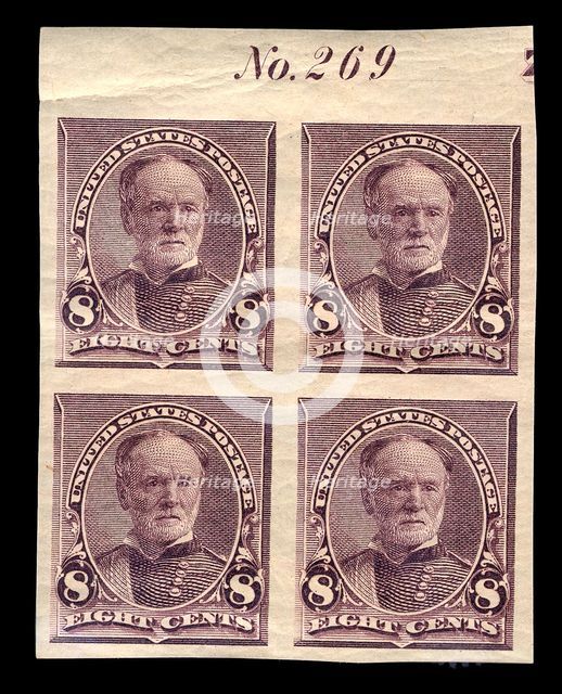 8c William T. Sherman proof plate block of four, March 21, 1893. Creator: American Bank Note Company.