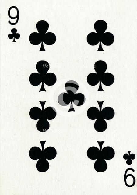 9 of Clubs from a deck of Goodall & Son Ltd. playing cards, c1940. Artist: Unknown.