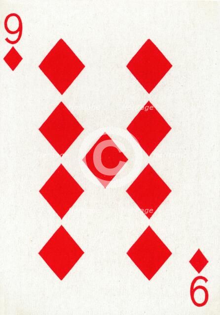 9 of Diamonds from a deck of Goodall & Son Ltd. playing cards, c1940. Artist: Unknown.