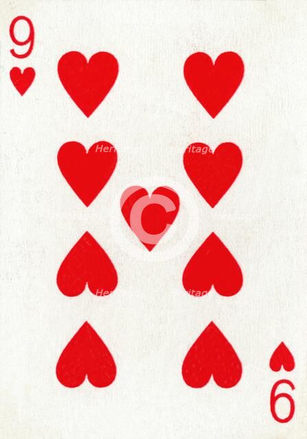 9 of Hearts from a deck of Goodall & Son Ltd. playing cards, c1940. Artist: Unknown.