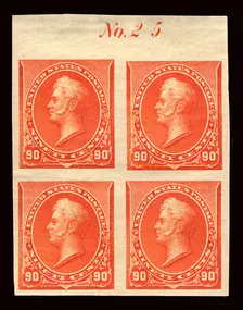 90c Commodore Oliver Hazard Perry proof plate block of four, February 22, 1890. Creator: American Bank Note Company