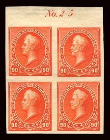 90c Commodore Oliver Hazard Perry proof plate block of four, February 22, 1890. Creator: American Bank Note Company