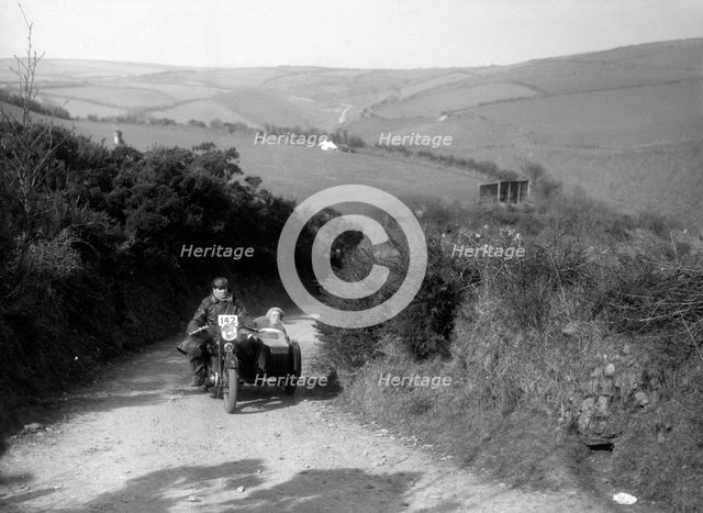 990 cc AJS and sidecar of CF Crossby at the MCC Lands End Trial, Beggars Roost, Devon, 1936. Artist: Bill Brunell.