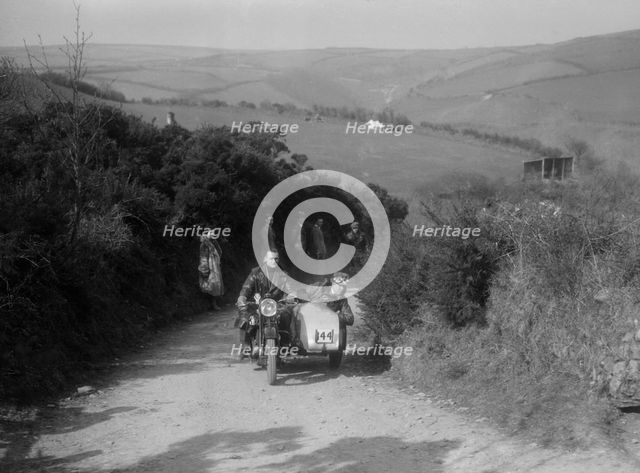 990 cc AJS and sidecar of M Laidlaw at the MCC Lands End Trial, Beggars Roost, Devon, 1936. Artist: Bill Brunell.