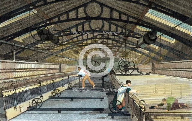 Cotton manufacture: mule spinning, c1830. Artist: Unknown