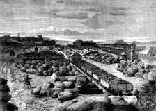 Cotton bales lying at the Bombay terminus of the Great Indian Peninsular Railway, 1862. Creator: Unknown