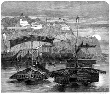 Cotton from India: a cotton fleet descending the Ganges - casting off from Mirzapore, 1862. Creator: Smyth