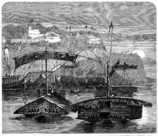 Cotton from India: a cotton fleet descending the Ganges - casting off from Mirzapore, 1862. Creator: Smyth