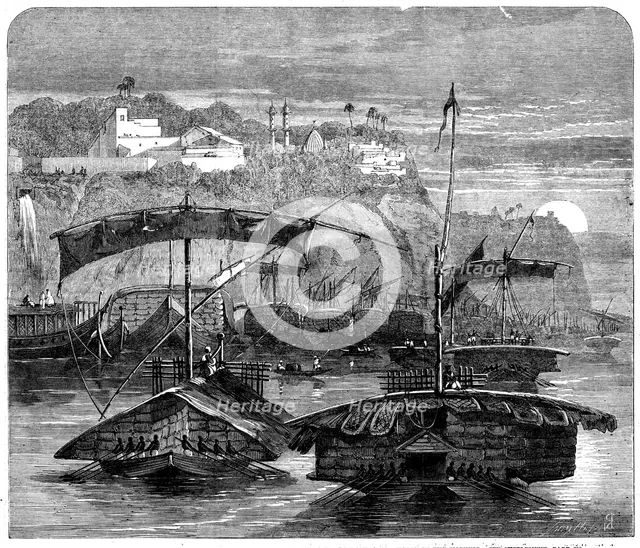 Cotton from India: a cotton fleet descending the Ganges - casting off from Mirzapore, 1862. Creator: Smyth.