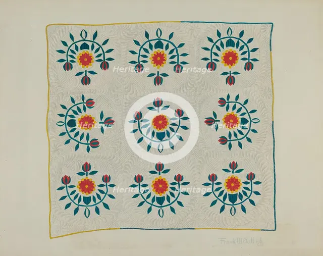 Cotton Quilt - Tulip Design, c. 1938. Creator: Frank Gutting.