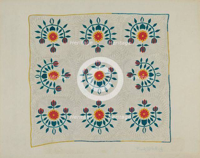 Cotton Quilt - Tulip Design, c. 1938. Creator: Frank Gutting.