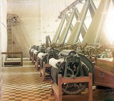 Cotton textile mill interior with machines producing cotton thread..., between 1905 and 1915. Creator: Sergey Mikhaylovich Prokudin-Gorsky