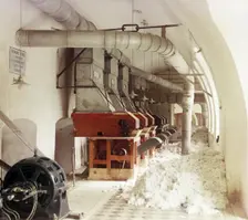 Cotton textile mill interior, probably in Tashkent, between 1905 and 1915. Creator: Sergey Mikhaylovich Prokudin-Gorsky