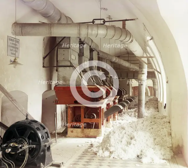 Cotton textile mill interior, probably in Tashkent, between 1905 and 1915. Creator: Sergey Mikhaylovich Prokudin-Gorsky.