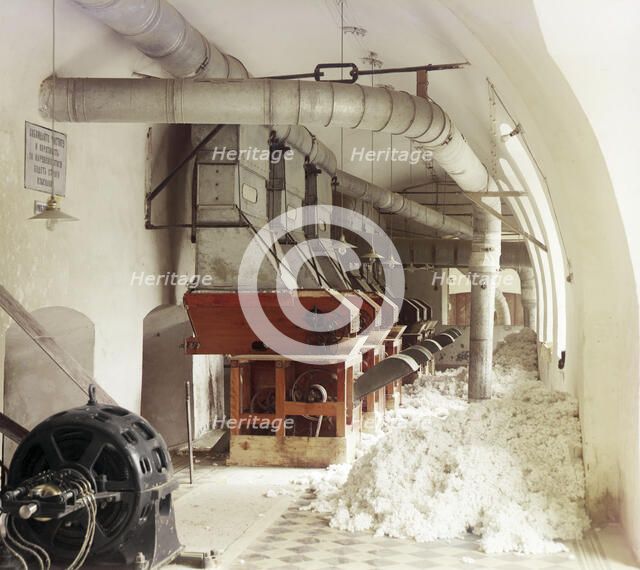 Cotton textile mill interior, probably in Tashkent, between 1905 and 1915. Creator: Sergey Mikhaylovich Prokudin-Gorsky.