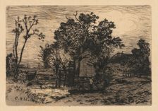 [Cottage and Two Figures in a Boat], 1878. Creator: Charles Henry Miller (American, 1842-1922)
