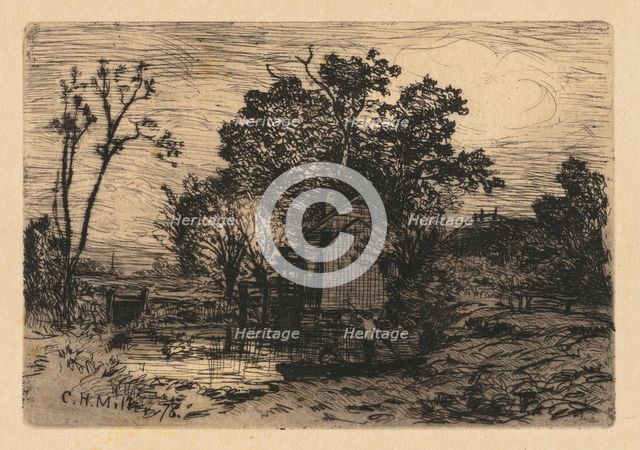 [Cottage and Two Figures in a Boat], 1878. Creator: Charles Henry Miller (American, 1842-1922).