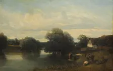 Cottage by the River with Washerwomen, 1835. Creator: Camille Flers (French, 1802-1868)