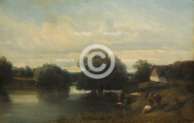 Cottage by the River with Washerwomen, 1835. Creator: Camille Flers (French, 1802-1868).