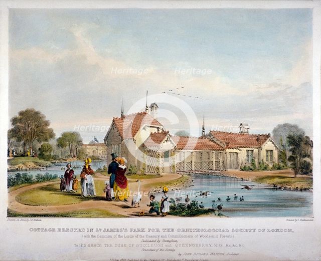Cottage erected in St James's Park for the Ornithological Society of London, Westminster, 1844.      Artist: John Burges Watson
