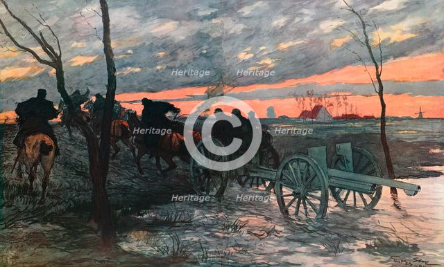 ''Coucher de Soleil dans la Plaine de L'Yser: Piece de 75 Allant Prendre Position', 1914. Creator: Georges Bertin Scott.