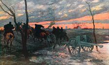 'Coucher de Soleil dans la Plaine de L'Yser: Piece de 75 Allant Prendre Position 1914. Creator: Georges Bertin Scott