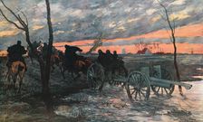 'Coucher de Soleil dans la Plaine de L'Yser: Piece de 75 Allant Prendre Position 1914. Creator: Georges Bertin Scott