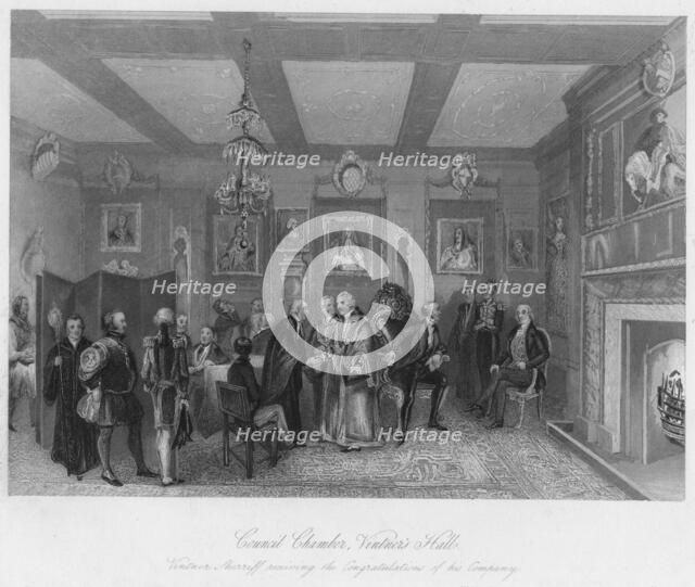 'Council Chamber, Vintner's Hall. Vintner Sherriff receiving the Congratulations of his Company', c1 Artist: Edward Radclyffe.