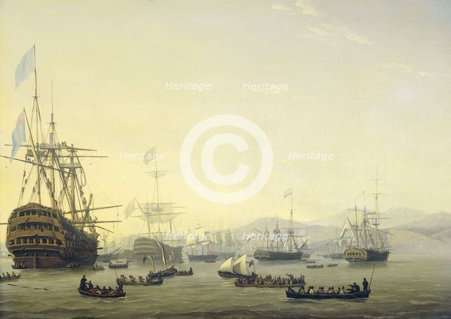 Council of War on board the 'Queen Charlotte', commanded by Lord Exmouth, prior to the Bombardment o Creator: Nicolaus Baur.