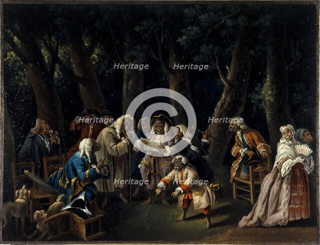 Council of monkeys or politicians in the Tuileries Garden, c1740. Creator: Unknown.