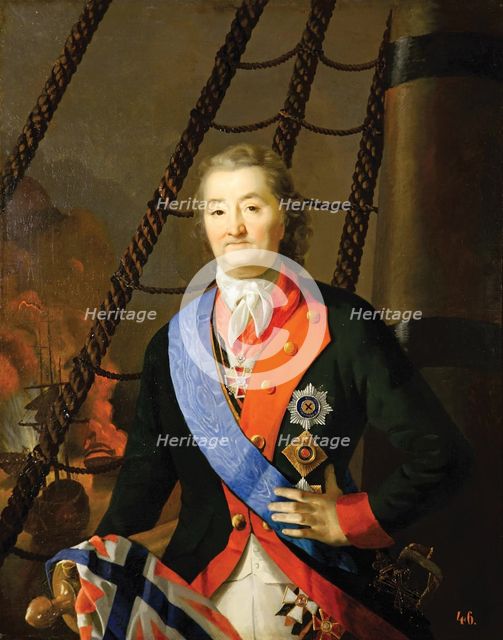 Count Alexey Grigoryevich Orlov in the Battle of Chesma, 19th century. Artist: Anonymous  