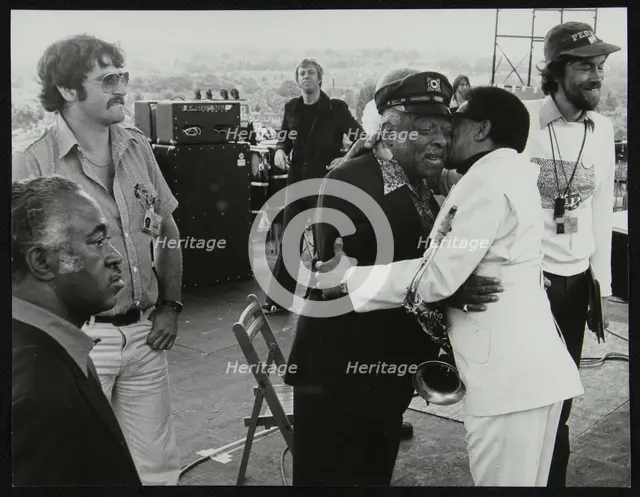 Count Basie and Illinois Jacquet meet up on stage at the Capital Radio Jazz Festival, London, 1979. Creator: Denis Williams.