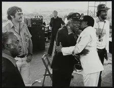 Count Basie and Illinois Jacquet meet up on stage at the Capital Radio Jazz Festival, London, 1979. Creator: Denis Williams