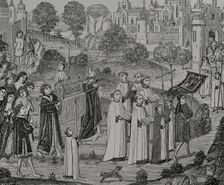 Count Renier bearing the body of Saint Veronica to Saint Waltrude Collegiate...1446-48 (1877). Creator: Jules Jean Marie Joseph Huyot