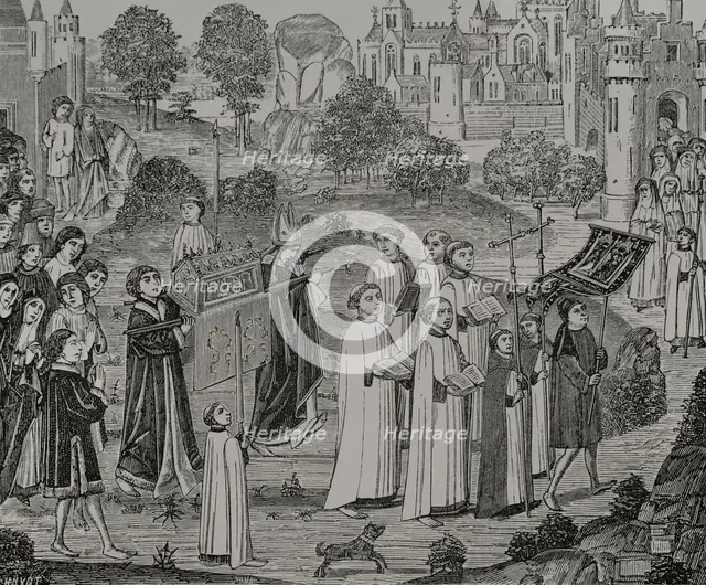 Count Renier bearing the body of Saint Veronica to Saint Waltrude Collegiate...1446-48 (1877).  Creator: Jules Jean Marie Joseph Huyot.