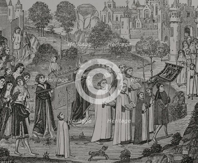 Count Renier bearing the body of Saint Veronica to Saint Waltrude Collegiate...1446-48 (1877).  Creator: Jules Jean Marie Joseph Huyot.