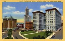 County-City Building, Smith Tower and Frye Hotel, Seattle, Washington, USA, 1942