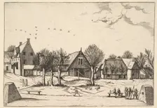 Country Village, archers in the foreground from Multifariarum casularum ruriumque linea..., 1559-61. Creator: Johannes van Doetecum I
