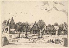 Country Village, archers in the foreground from Multifariarum casularum ruriumque linea..., 1559-61. Creator: Johannes van Doetecum I