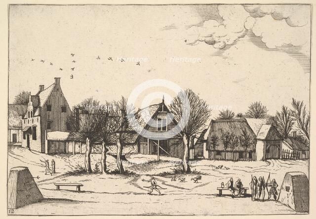 Country Village, archers in the foreground from Multifariarum casularum ruriumque linea..., 1559-61. Creator: Johannes van Doetecum I.
