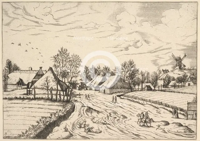 Country Village with Post Mill from Multifariarum casularum ruriumque lineamenta curios..., 1559-61. Creator: Johannes van Doetecum I.