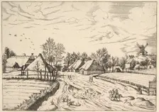 Country Village with Post Mill from Multifariarum casularum ruriumque lineamenta curios..., 1559-61. Creator: Johannes van Doetecum I
