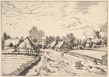 Country Village with Post Mill from Multifariarum casularum ruriumque lineamenta curios..., 1559-61. Creator: Johannes van Doetecum I