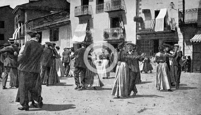 Country dance after a church service on feast days, Andorra, 1922.Artist: JT Parfit